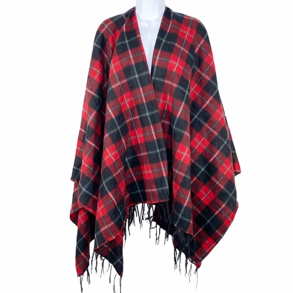 Tops - Plaid fringe open sides poncho black red white OS